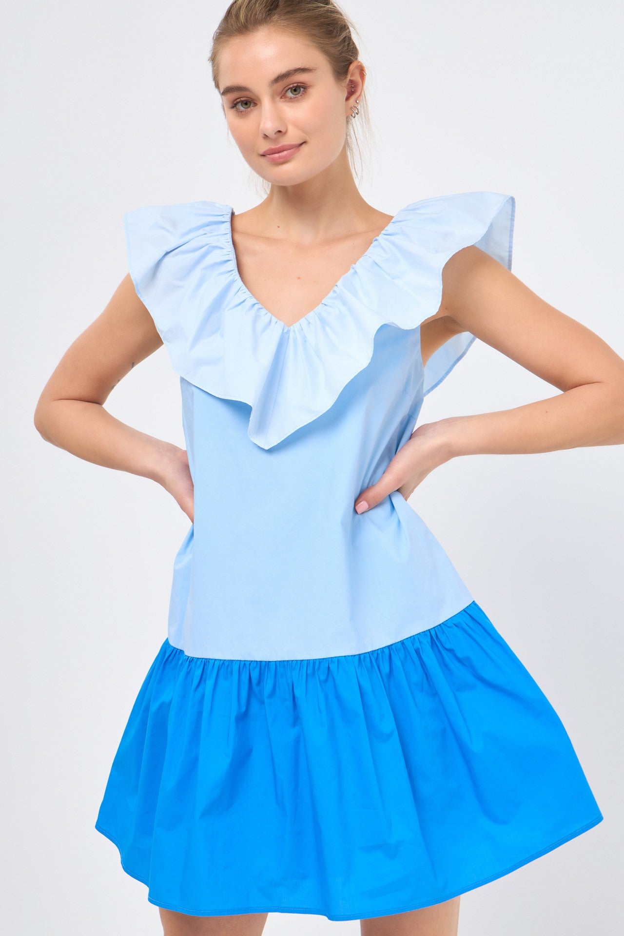 Blue Colorblock Ruffles Shift Dress