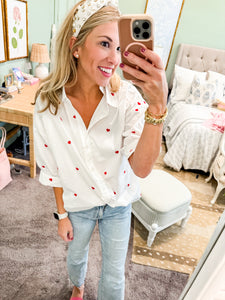 Red Heart Embroidered Button Down