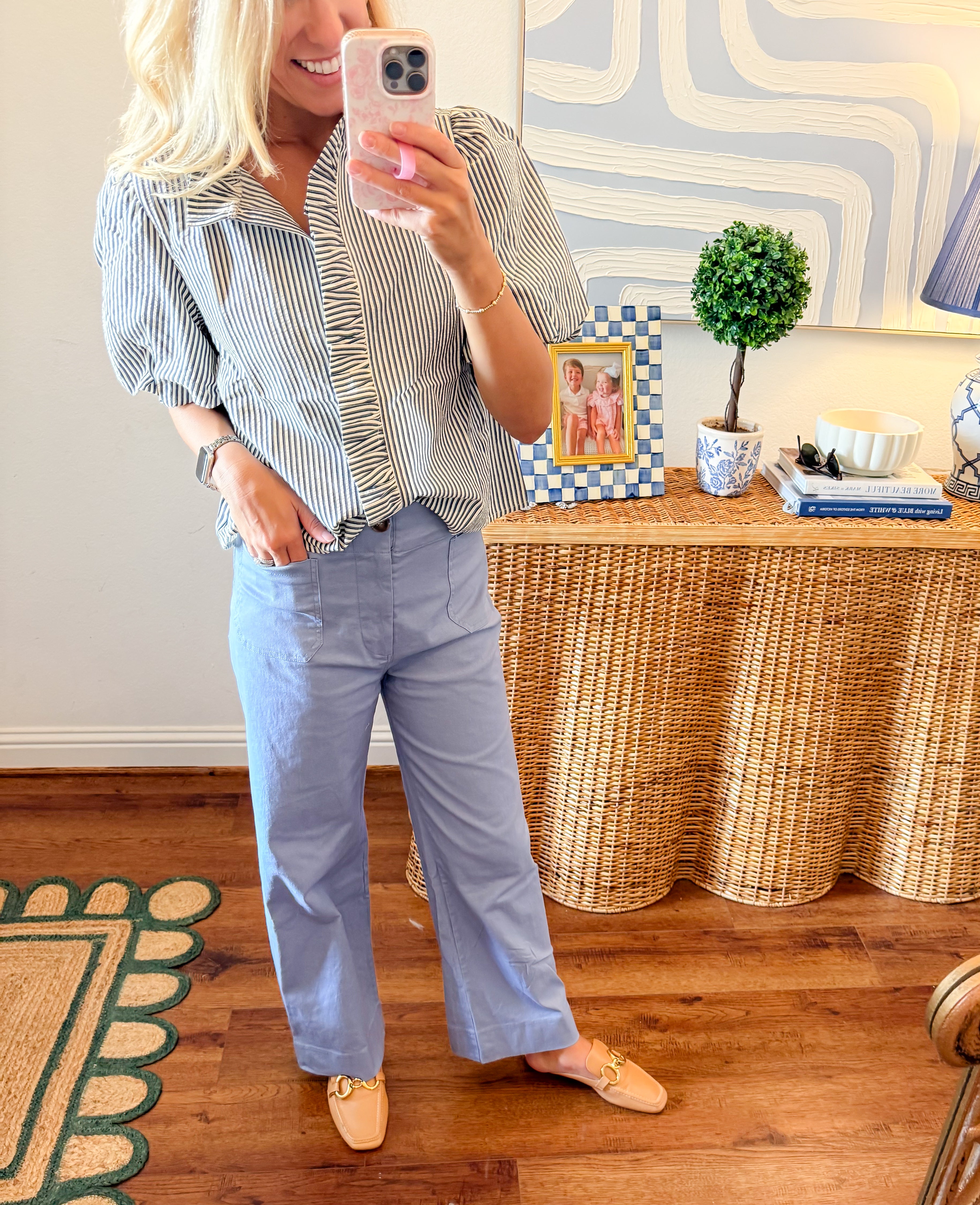 Striped Navy Ruffle Button Down Top