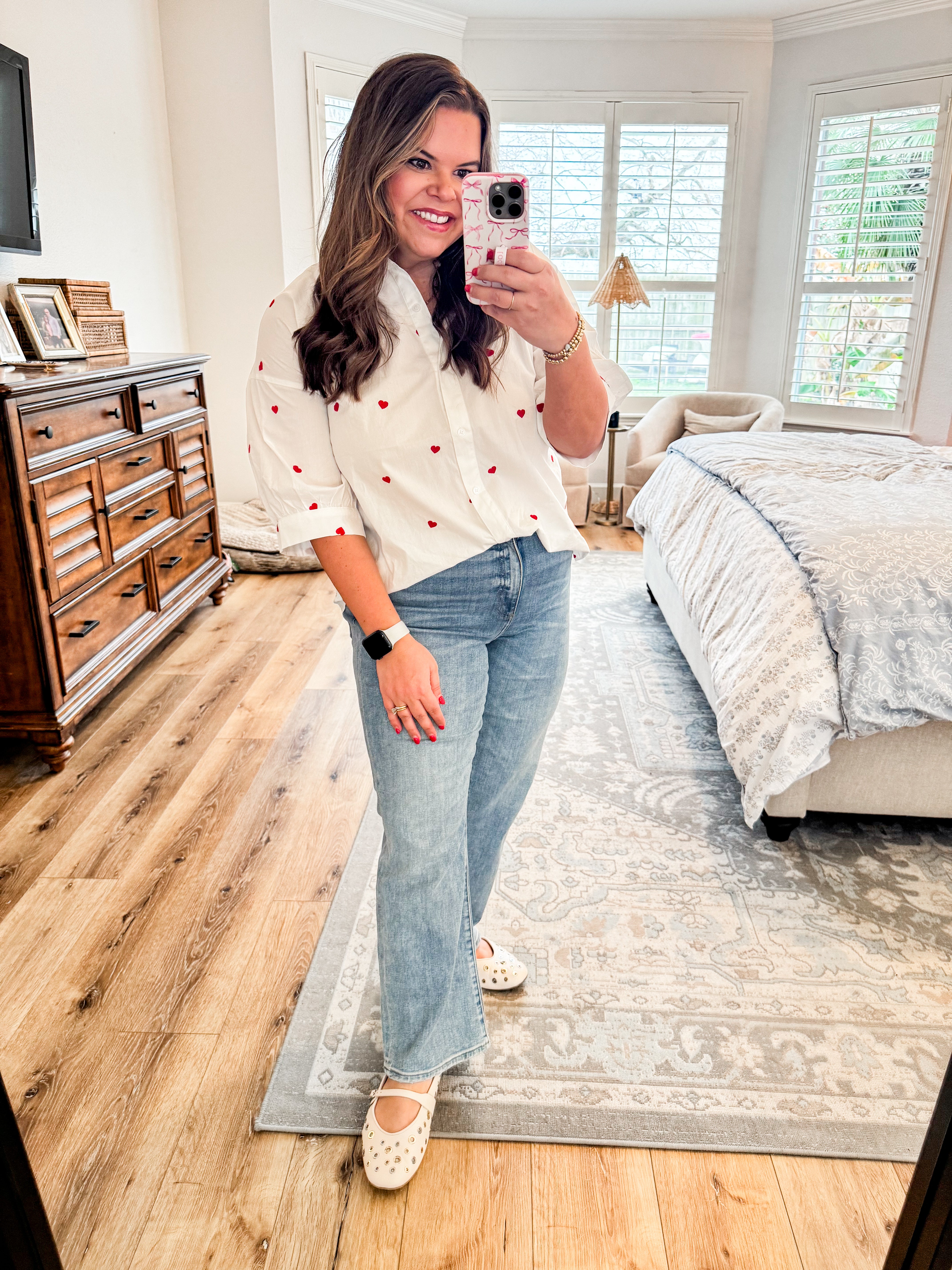 Red Heart Embroidered Button Down