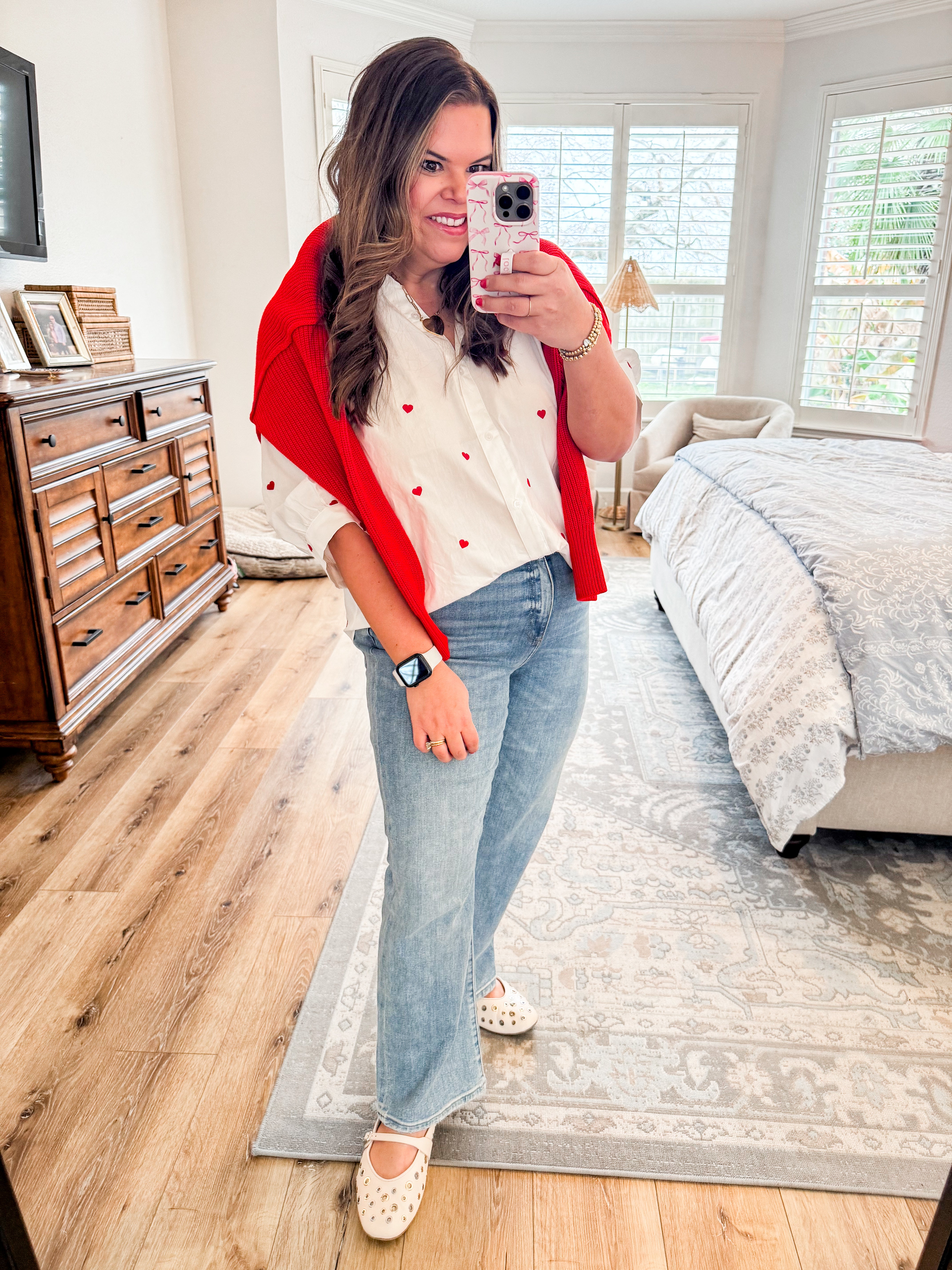 Red Heart Embroidered Button Down