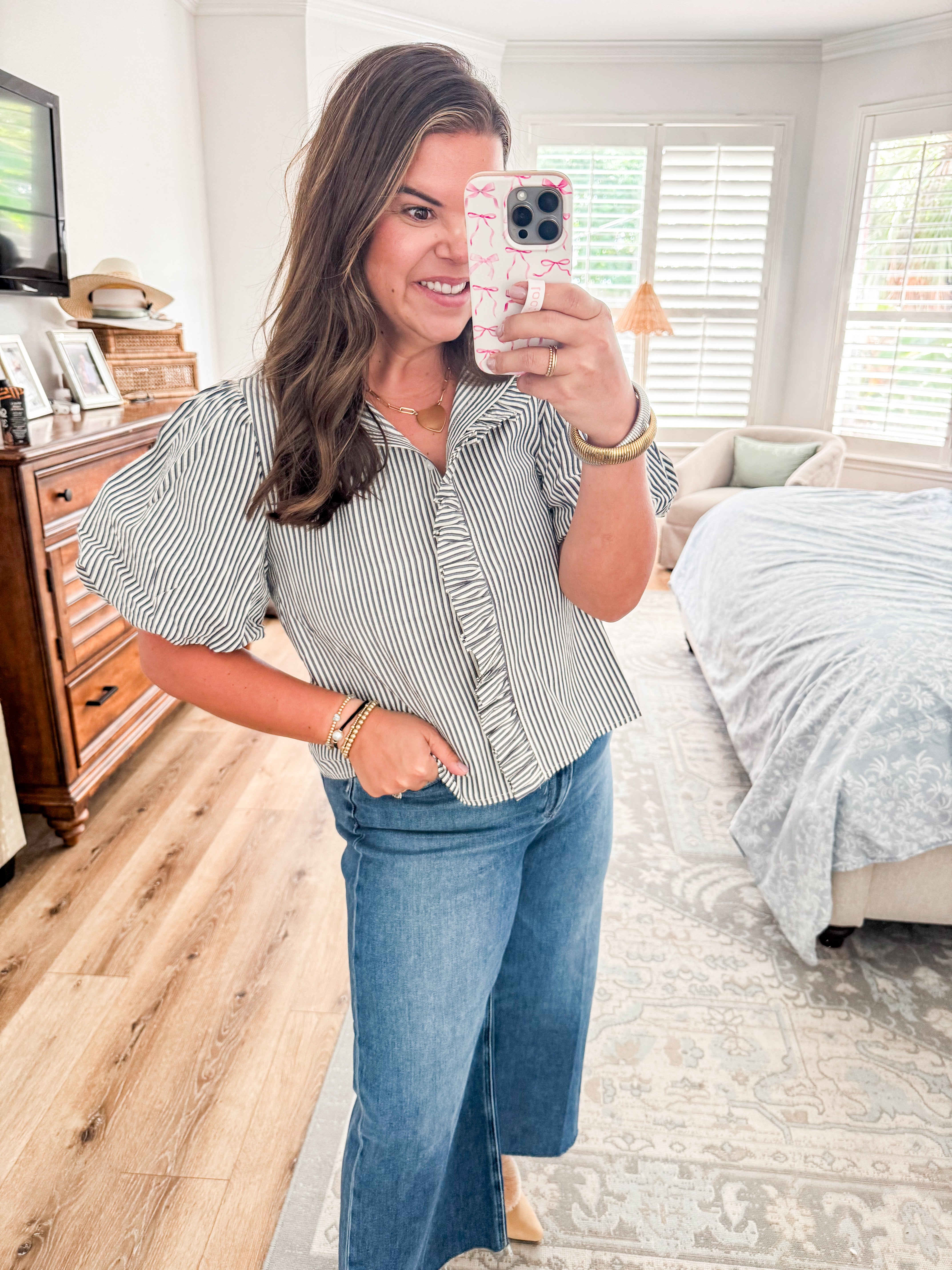 Striped Navy Ruffle Button Down Top