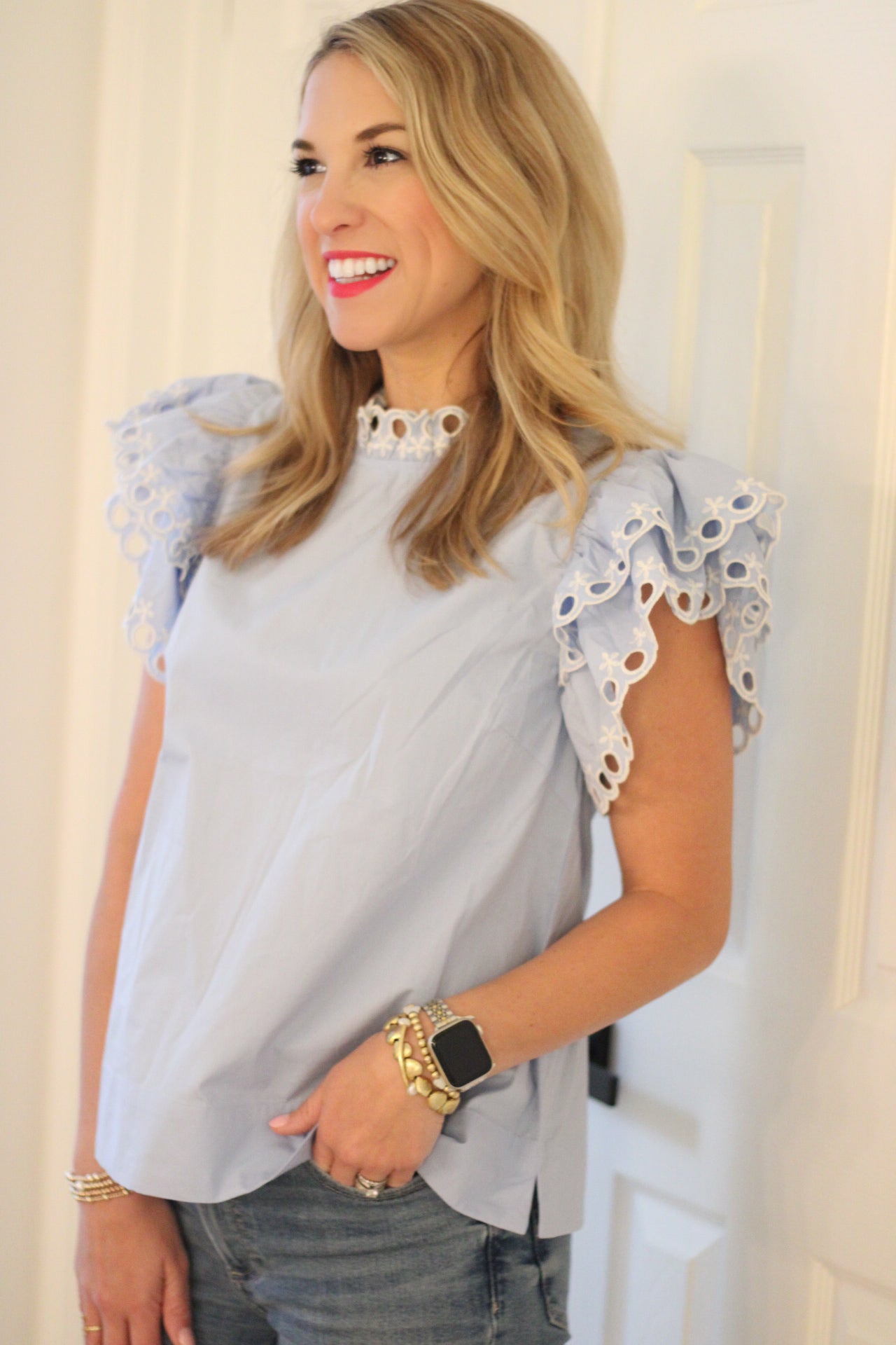 Powder Blue Flutter Sleeve Top