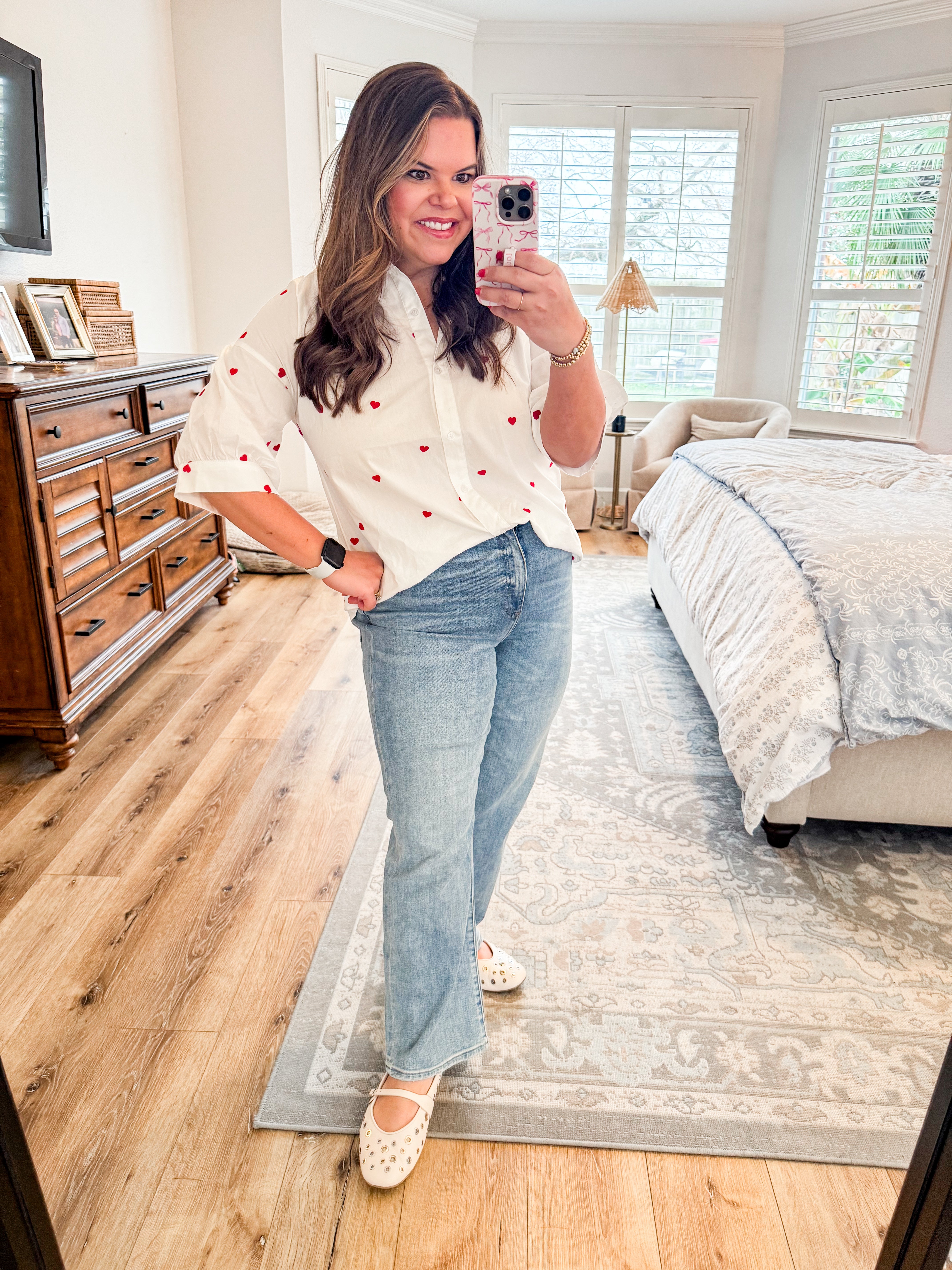 Red Heart Embroidered Button Down