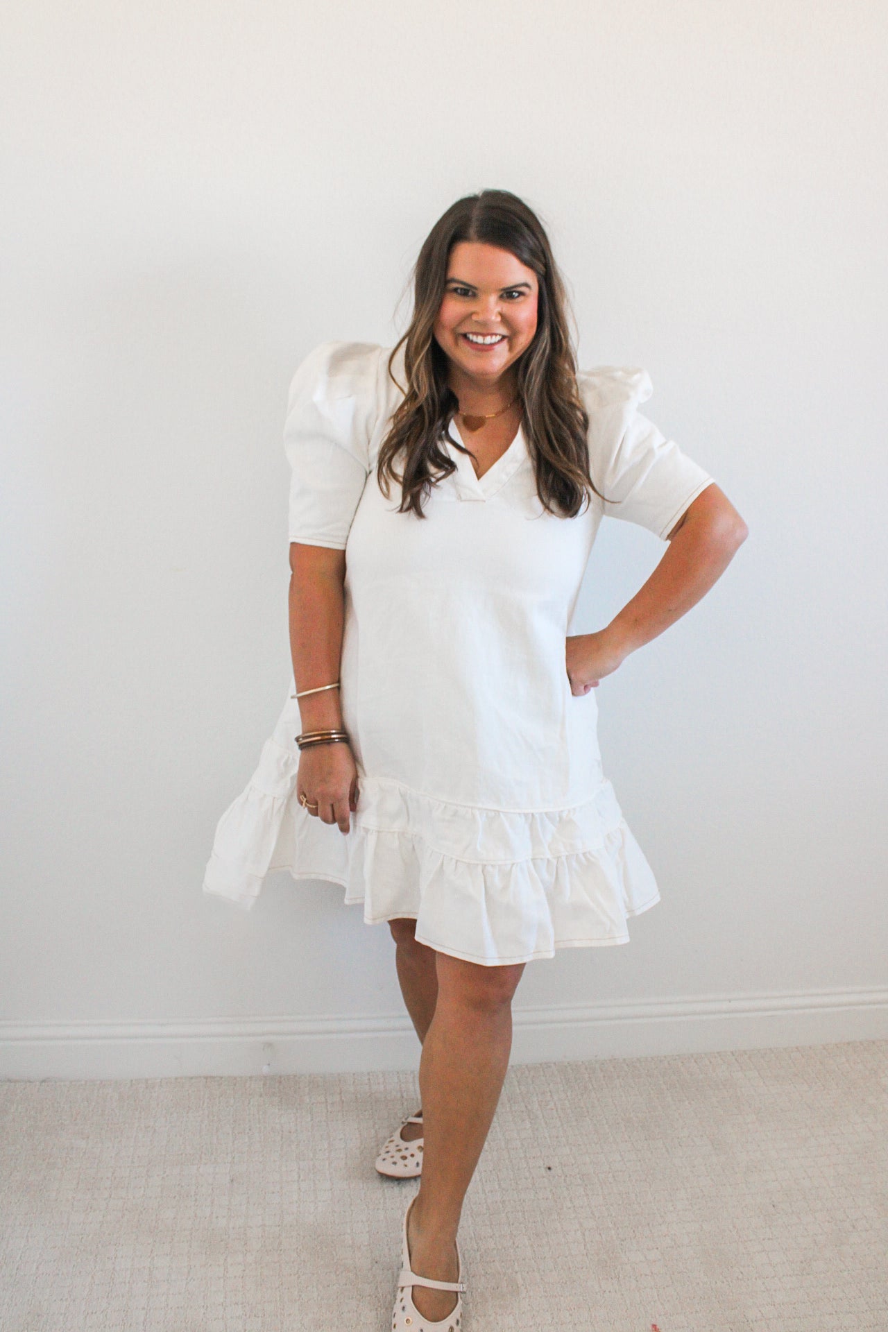 white denim dress with sleeves Winter White Denim Dress