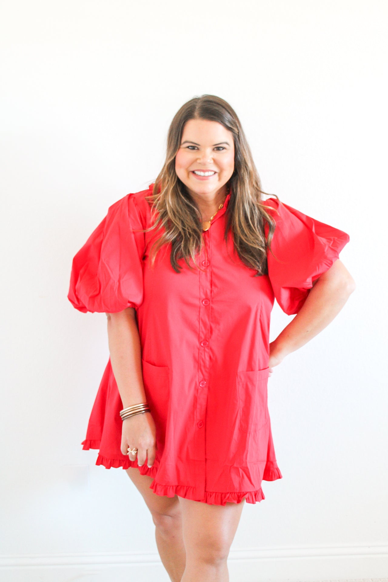 Festive and Red Puff Sleeve Dress