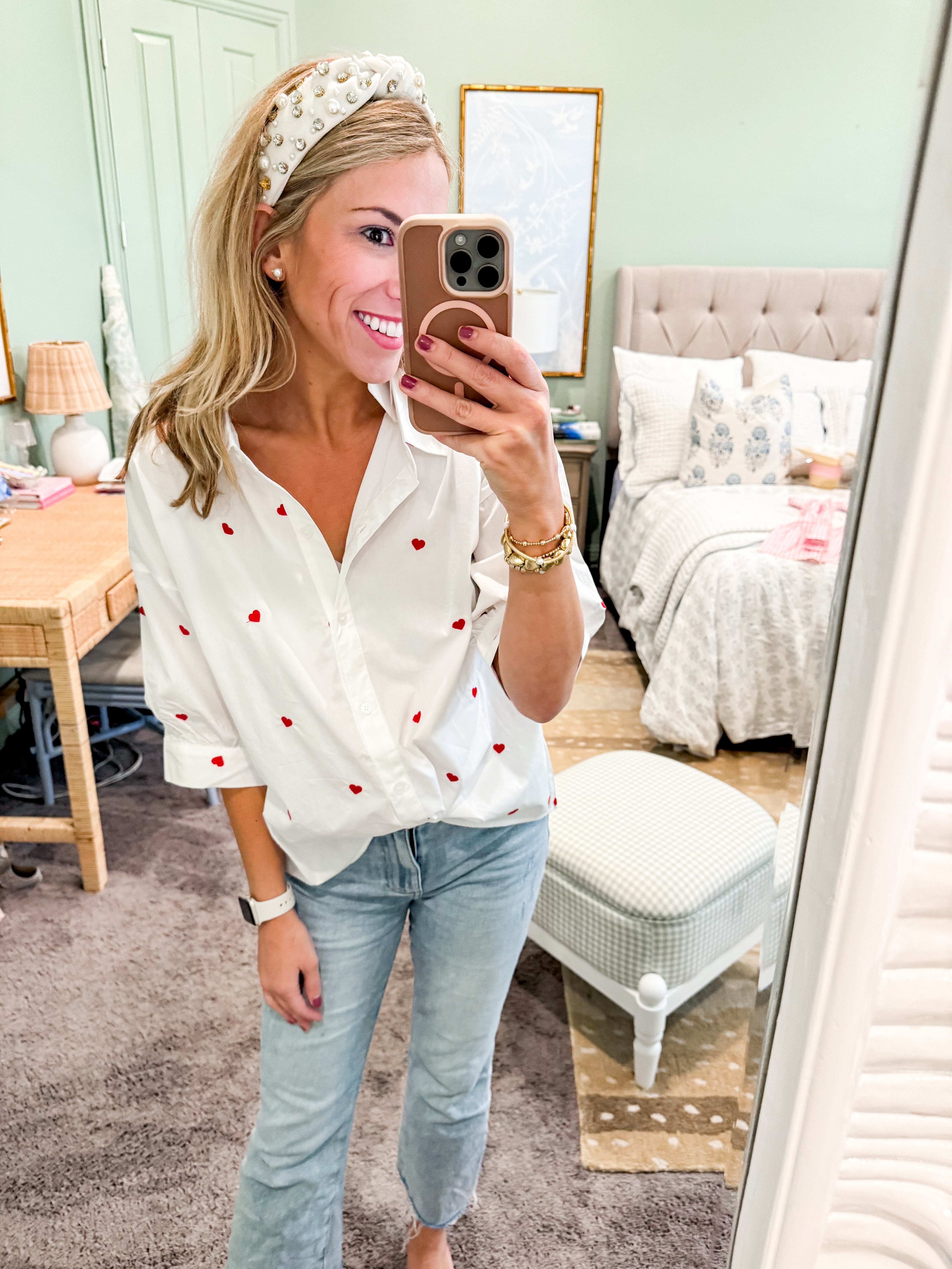 Red Heart Embroidered Button Down