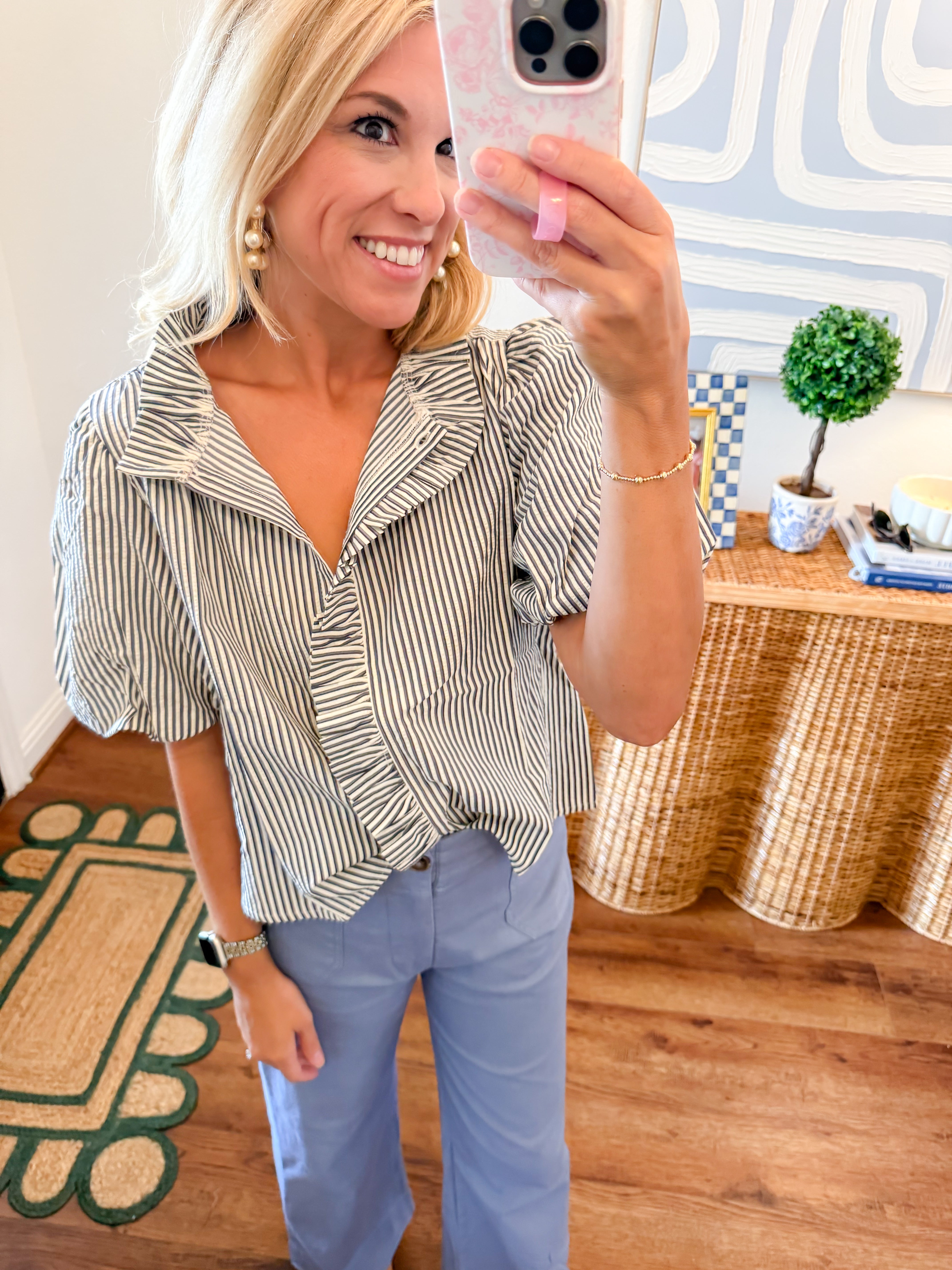 Striped Navy Ruffle Button Down Top