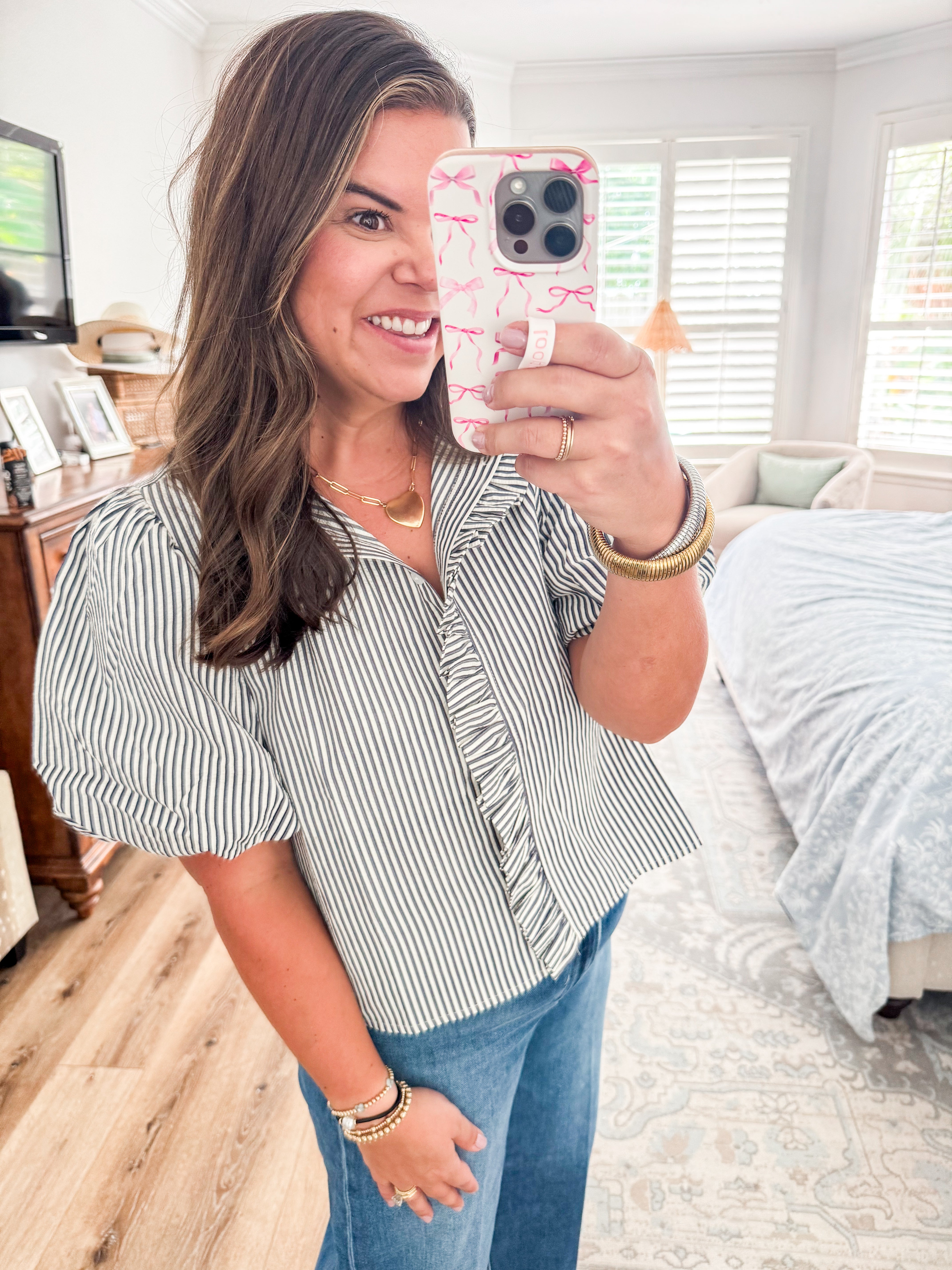 Striped Navy Ruffle Button Down Top