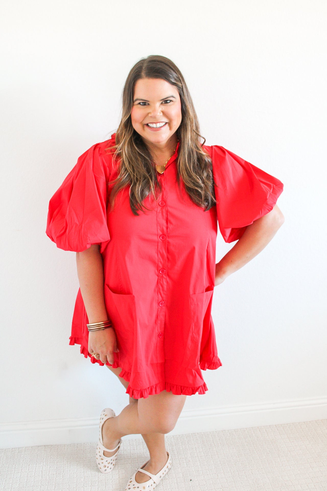 Festive and Red Puff Sleeve Dress