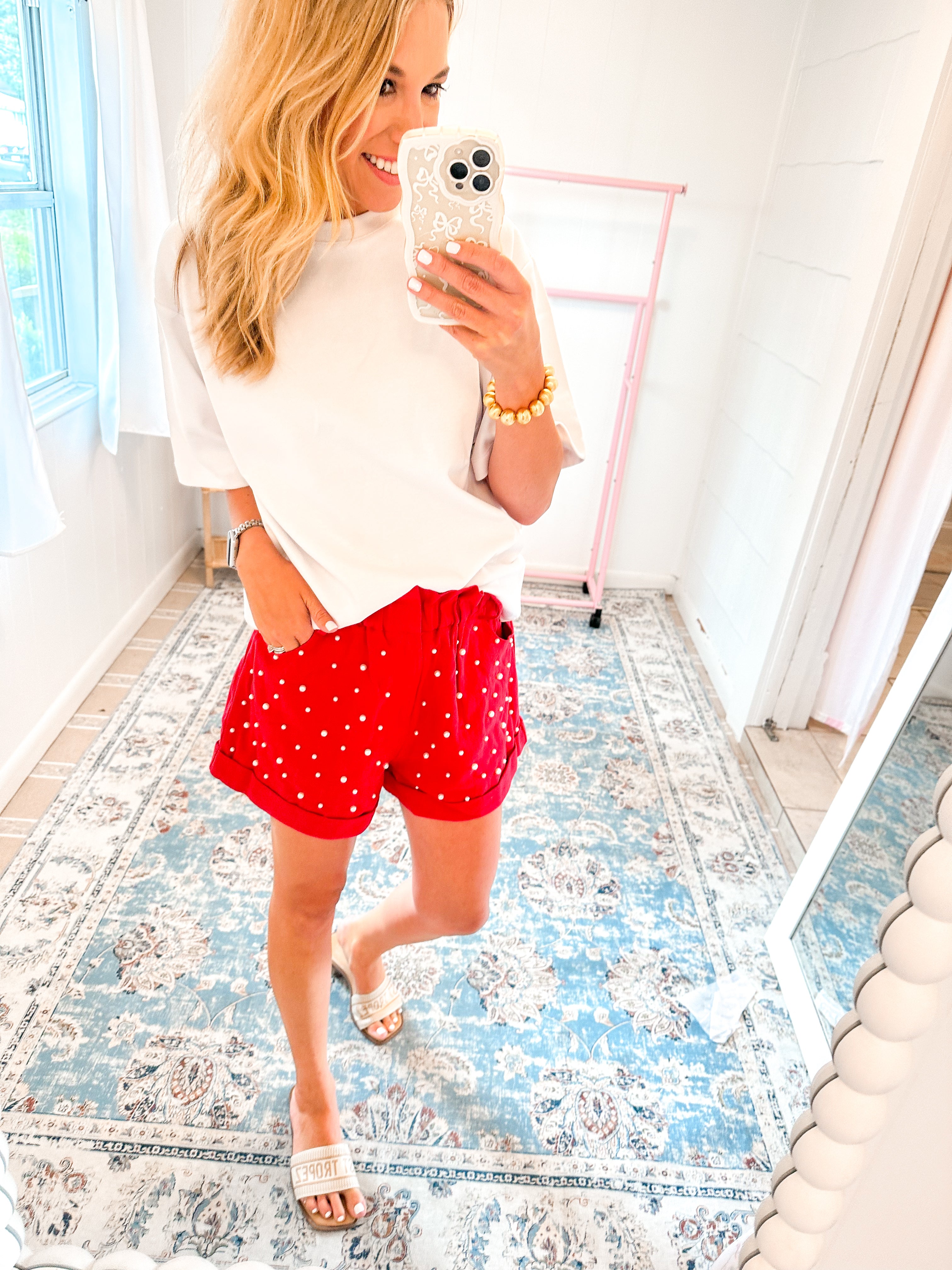 Twill shorts with Pearl Trim - Red