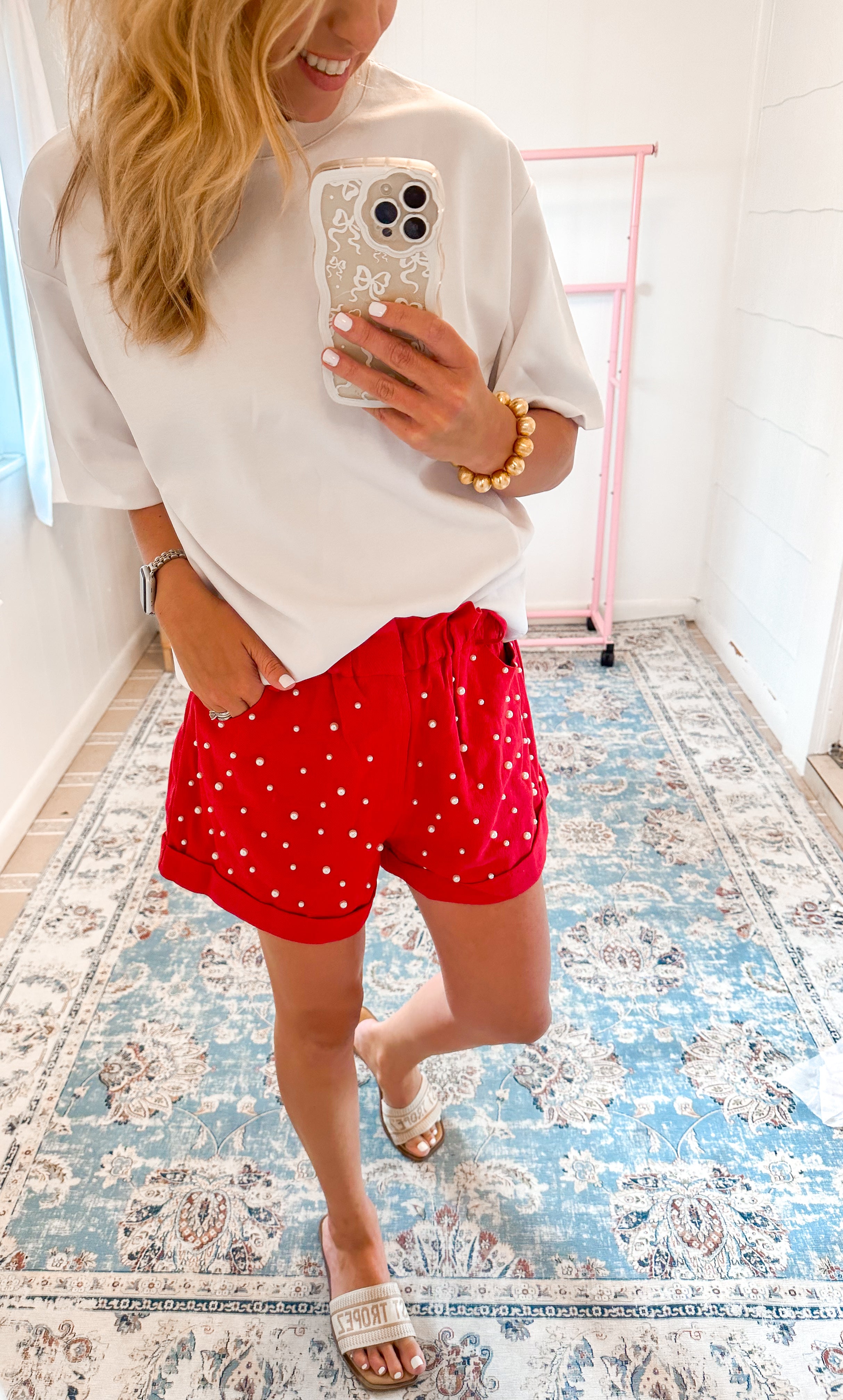 Twill shorts with Pearl Trim - Red