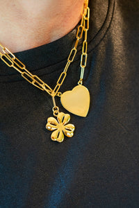 Gold Flat Heart Charm Necklace with Paper Clip Chain