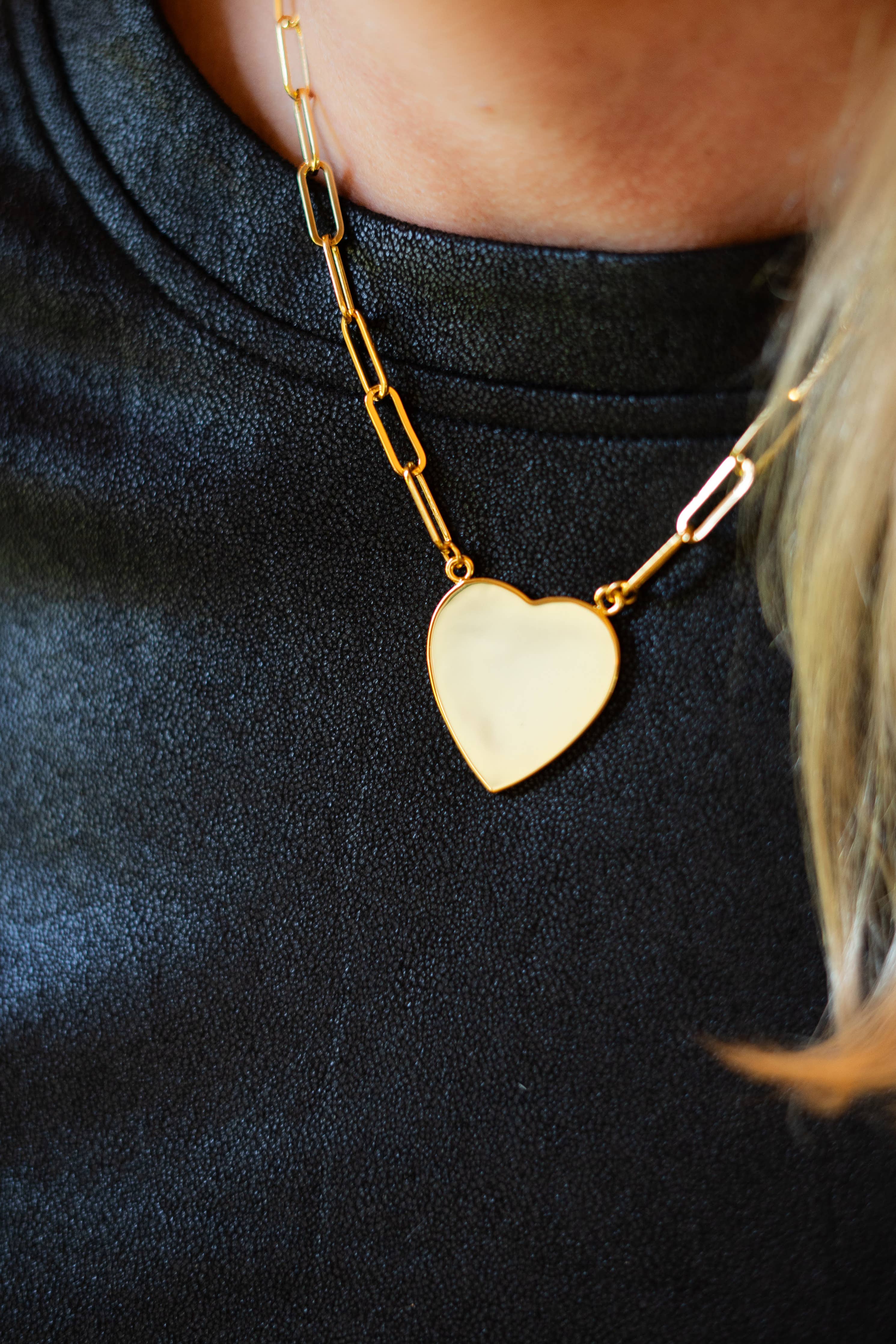 Gold Flat Heart Charm Necklace with Paper Clip Chain