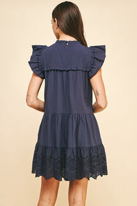 Embroidered Tiered Mini Dress - Navy