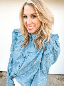 Chambray Floral Ruffle Top